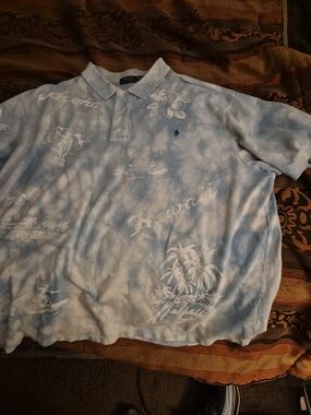 Polo by Ralph Lauren Light Blue and White Tie-Dye Hawaiian Polo